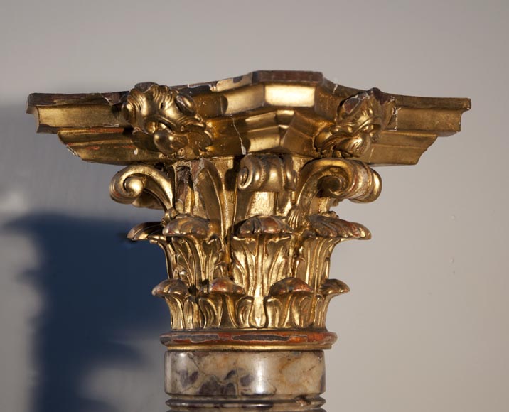 Antique pair of columns made out of Breche Violette and carved and gilded wood Antique pair of columns made out of Breche Violette and carved and gilded wood-2