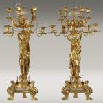 Maison Gustave LEVY, Pair of caryatids candelabras gilded bronze. Model from the World Fair of 1862.