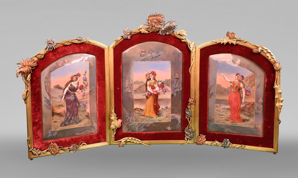 DORVAL, enameller- enamelled triptych with women with chrysanthemum flowers.-0