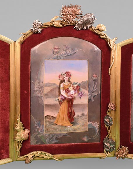 DORVAL, enameller- enamelled triptych with women with chrysanthemum flowers.-1