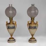 Beautiful antique paire of Onyx lamps with cloisonné enamels and gilded bronze with Sphinx decor