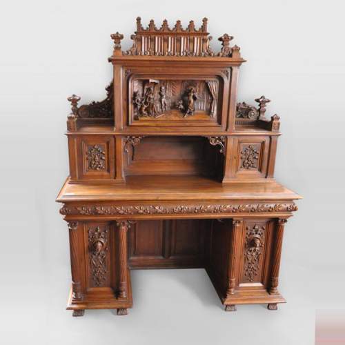 Victor AIMONE, sculptor - "Esmeralda", carved walnut Neo-Gothic desk