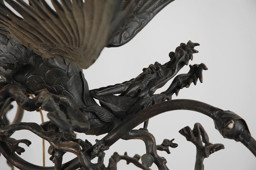 Brown patina bronze chandelier with flying dragon and cherry blossom