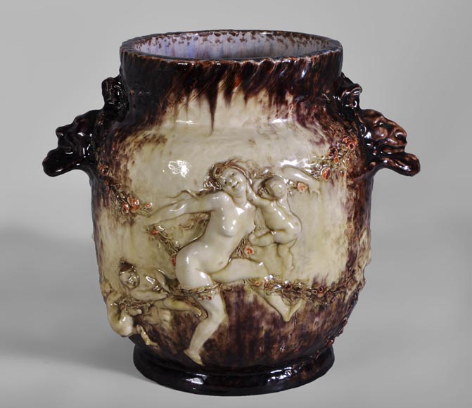 Théodore DECK (1823-1891) and Joseph Gustave CHERET (1838-1894) - Large vase with decoration of nymphs and cherubs-0