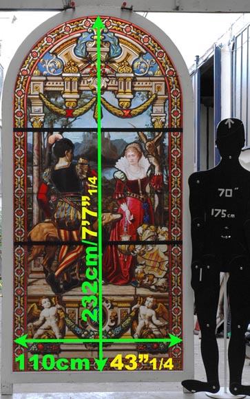 « Leaving for the Hunt , Important enamelled stained glass window by Maison Lorin coming from the Château des Ollières in Nice, France