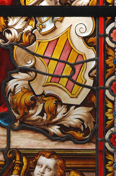 « Leaving for the Hunt , Important enamelled stained glass window by Maison Lorin coming from the Château des Ollières in Nice, France-6
