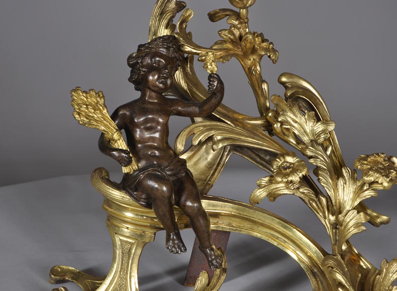 Beautiful pair and antique Louis XV period andirons with Summer Allegories made out of gilded bronze and brown patina bronze-1