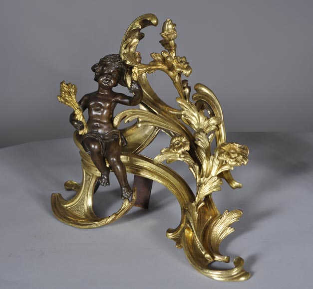 Beautiful pair and antique Louis XV period andirons with Summer Allegories made out of gilded bronze and brown patina bronze-3