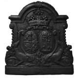 Antique cast iron fireback with wedding coat of arms of Gilles Brunet, Marquis of la Palisse, and Françoise-Suzanne Bignon