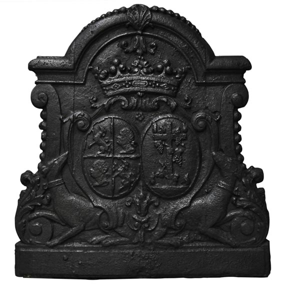 Antique cast iron fireback with wedding coat of arms of Gilles Brunet, Marquis of la Palisse, and Françoise-Suzanne Bignon-0