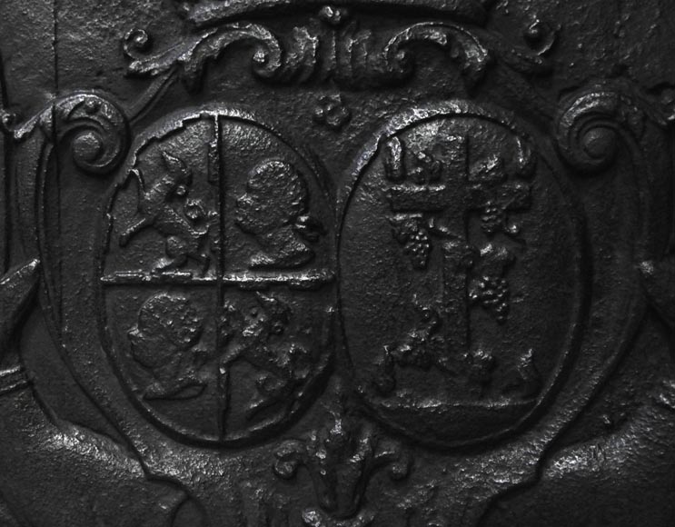 Antique cast iron fireback with wedding coat of arms of Gilles Brunet, Marquis of la Palisse, and Françoise-Suzanne Bignon-1
