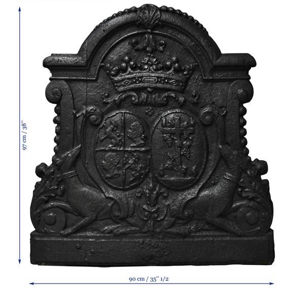 Antique cast iron fireback with wedding coat of arms of Gilles Brunet, Marquis of la Palisse, and Françoise-Suzanne Bignon-6