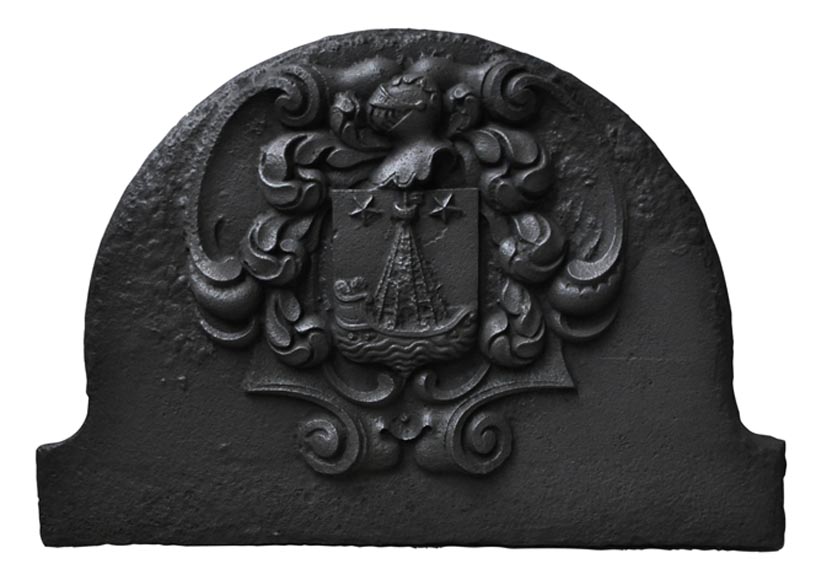 Beautiful curved cast iron fireback with Paris coat of Arms-0