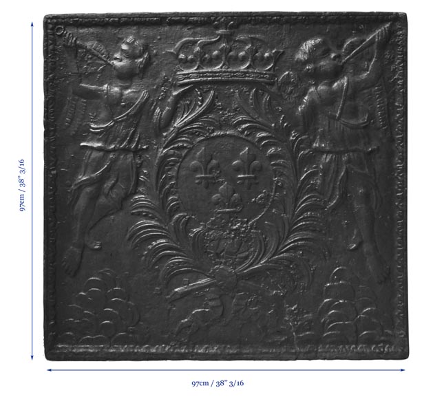 Antique cast iron fireback with French coat of Arms and angels-7