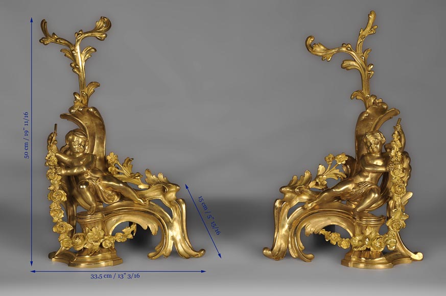 Antique Louis XV style andirons made out of gilded bronze with