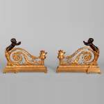 Beautiful pair of Louis XVI style firedogs in gilt and patinated bronze with putti
