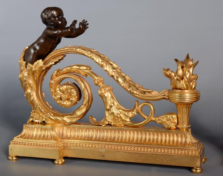 Beautiful pair of Louis XVI style firedogs in gilt and patinated bronze with putti-4