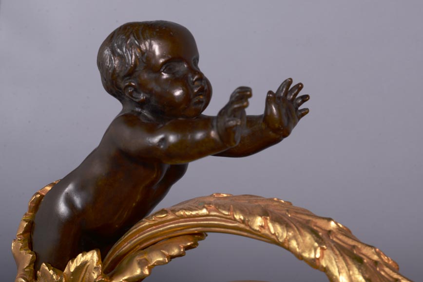 Beautiful pair of Louis XVI style firedogs in gilt and patinated bronze with putti-5