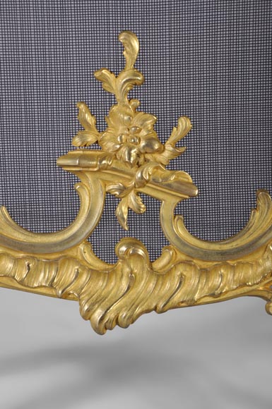 Antique Louis XV style gilt-bronze fire screen, 19th century, foliages and flowers decor-5