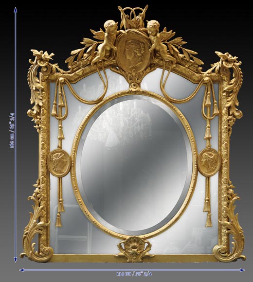 Magnificent antique Napoleon III mirror with partitions, decor of