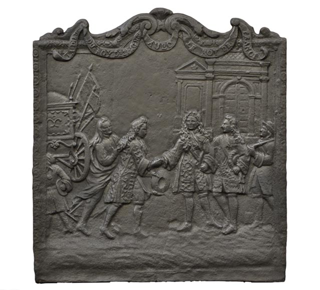 Antique cast iron fireback depicting the meeting between the King of France and of Spain-0