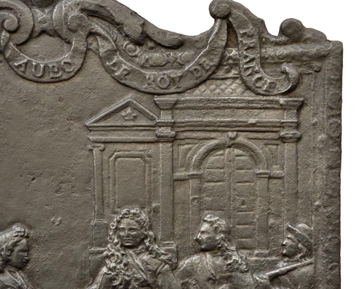 Antique cast iron fireback depicting the meeting between the King of France and of Spain-6
