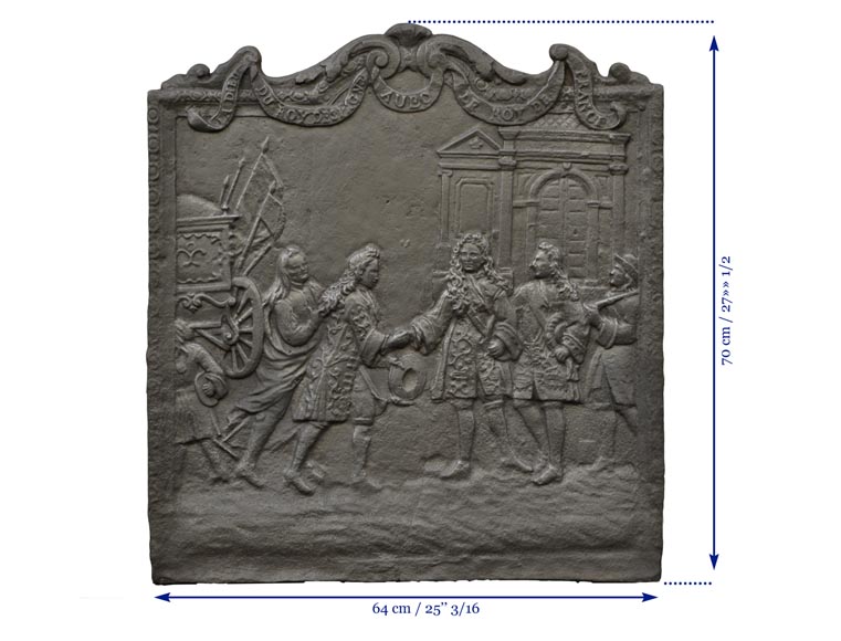 Antique cast iron fireback depicting the meeting between the King of France and of Spain-8