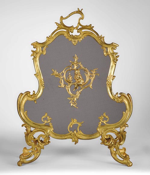 Antique Louis XV style gilt bronze fire screen with a Winter Allegory-0
