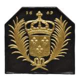 Large antique cast iron fireback with France coat of arms, gilded with gold leaf