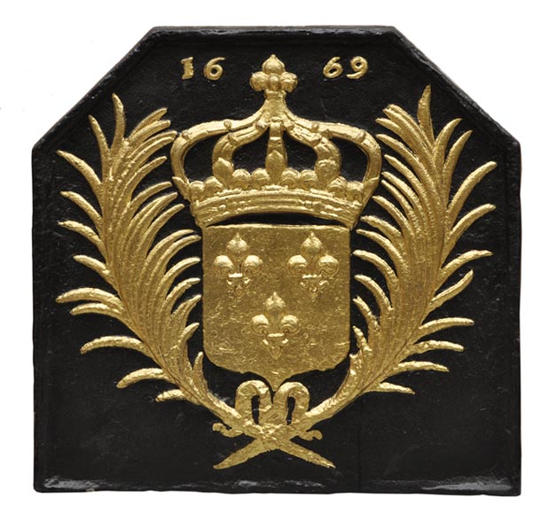 Large antique cast iron fireback with France coat of arms, gilded with gold leaf-0