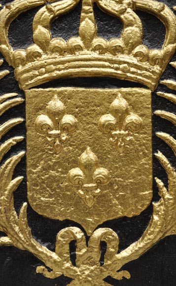Large antique cast iron fireback with France coat of arms, gilded with gold leaf-3
