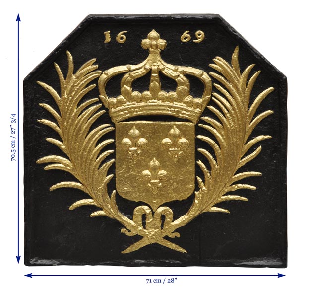 Large antique cast iron fireback with France coat of arms, gilded with gold leaf-5