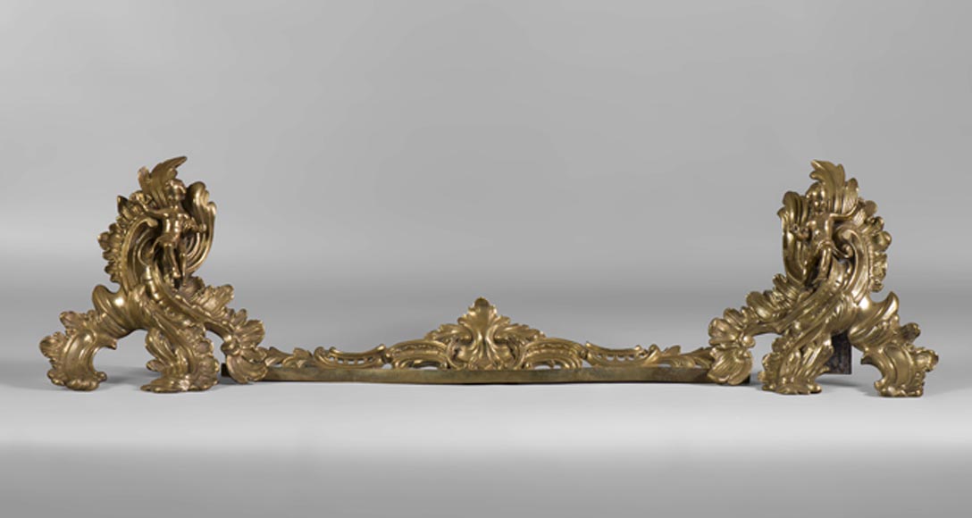 Beautiful Louis XV Style gilt bronze fire fender with children and foliages-0