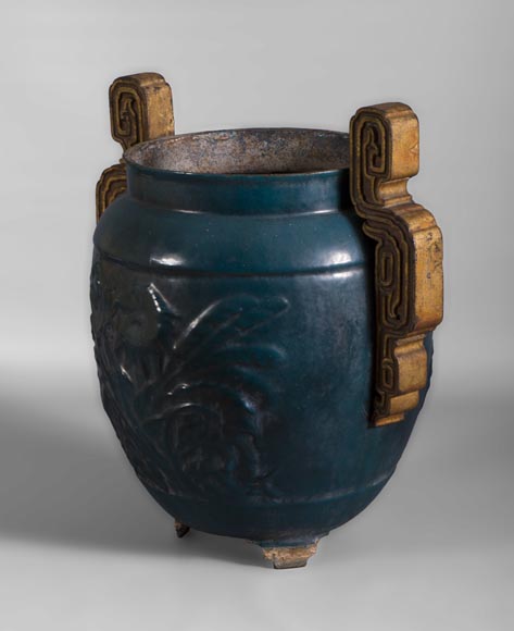 Beautiful antique garden vase in blue enameled cast iron, 19th century-1