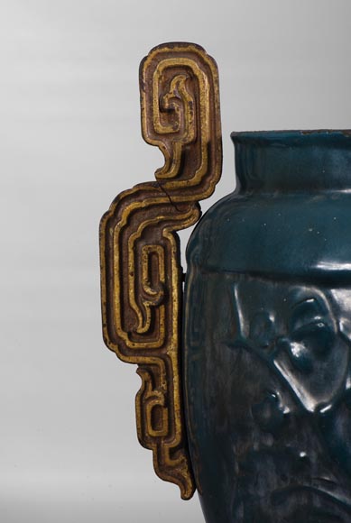 Beautiful antique garden vase in blue enameled cast iron, 19th century-2