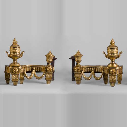 Beautiful antique Louis XVI style gilt bronze pair of andirons with vases and garlands decor