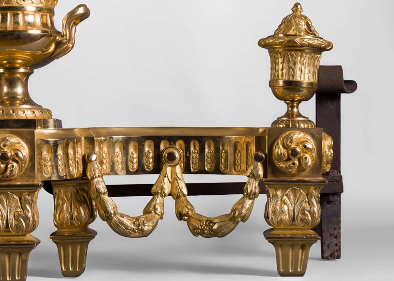 Beautiful antique Louis XVI style gilt bronze pair of andirons with vases and garlands decor-3