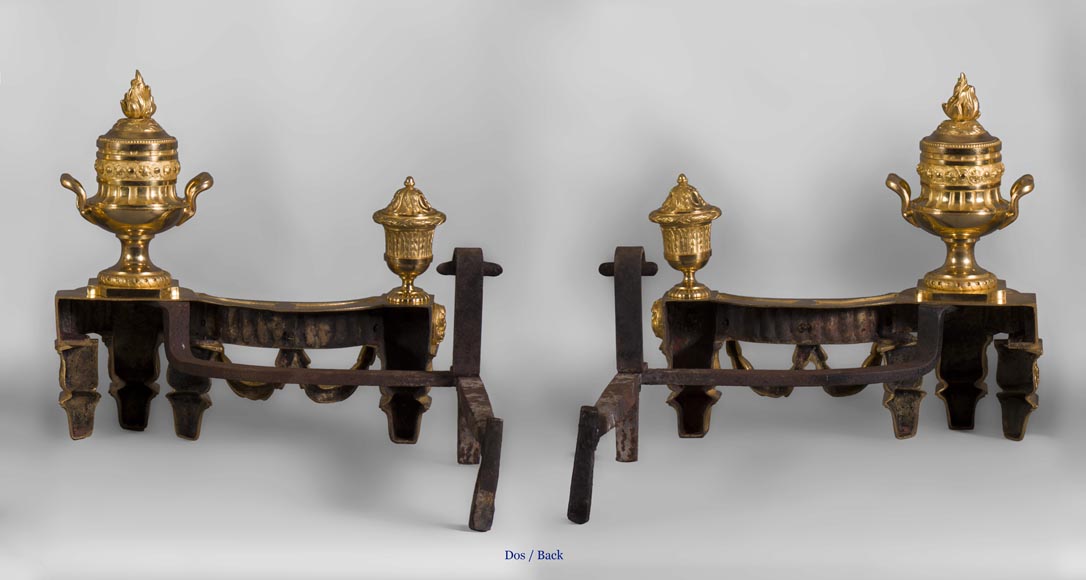 Beautiful antique Louis XVI style gilt bronze pair of andirons with vases and garlands decor-5