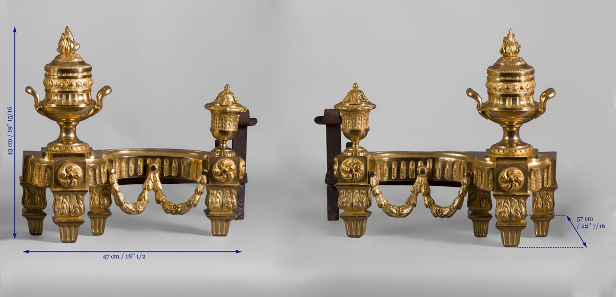 Beautiful antique Louis XVI style gilt bronze pair of andirons with vases and garlands decor-6