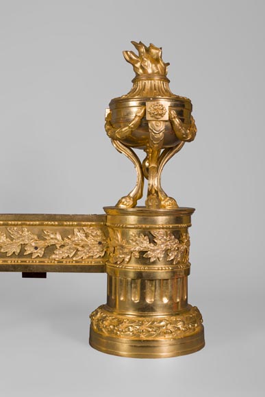 Antique pair of gilt bronze andirons, Louis XVI style, with fire pots decor-1