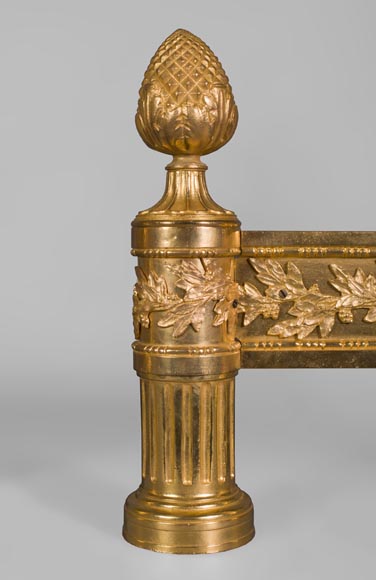 Antique pair of gilt bronze andirons, Louis XVI style, with fire pots decor-3