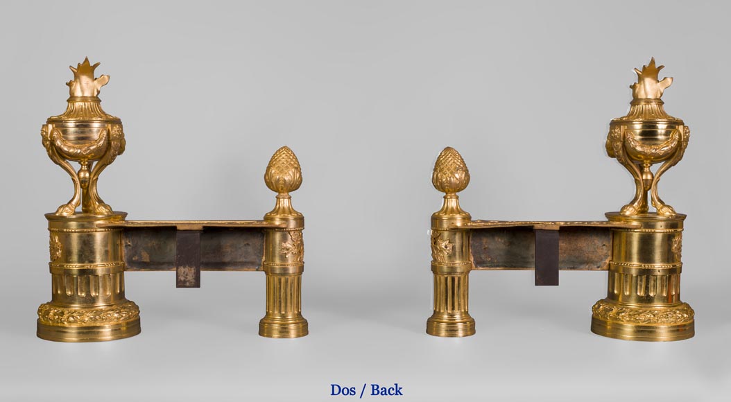 Antique pair of gilt bronze andirons, Louis XVI style, with fire pots decor-4