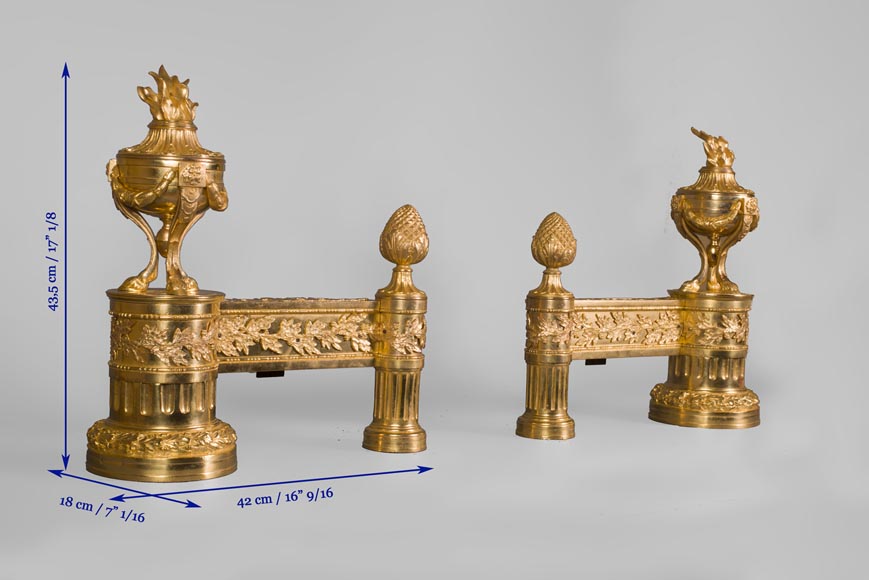 Antique pair of gilt bronze andirons, Louis XVI style, with fire pots decor-5