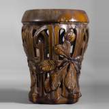 Rare Art Nouveau ceramic stool with chestnut leaves decor