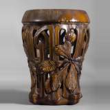Rare Art Nouveau ceramic stool with chestnut leaves decor