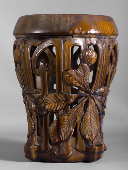 Rare Art Nouveau ceramic stool with chestnut leaves decor-0