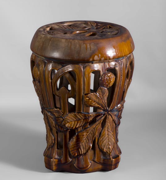 Rare Art Nouveau ceramic stool with chestnut leaves decor-1