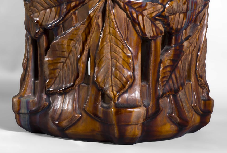 Rare Art Nouveau ceramic stool with chestnut leaves decor-3