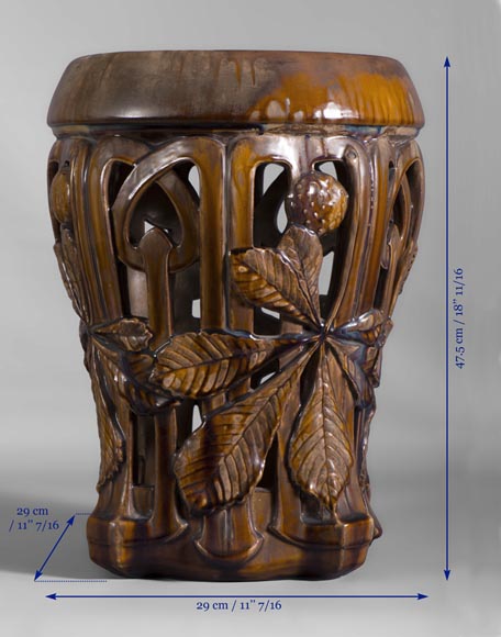 Rare Art Nouveau ceramic stool with chestnut leaves decor-5