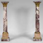 Very beautiful antique pair of columns in Breccia Violet marble, Yellow Brocatelle and Red Levanto with gilt bronze ornaments